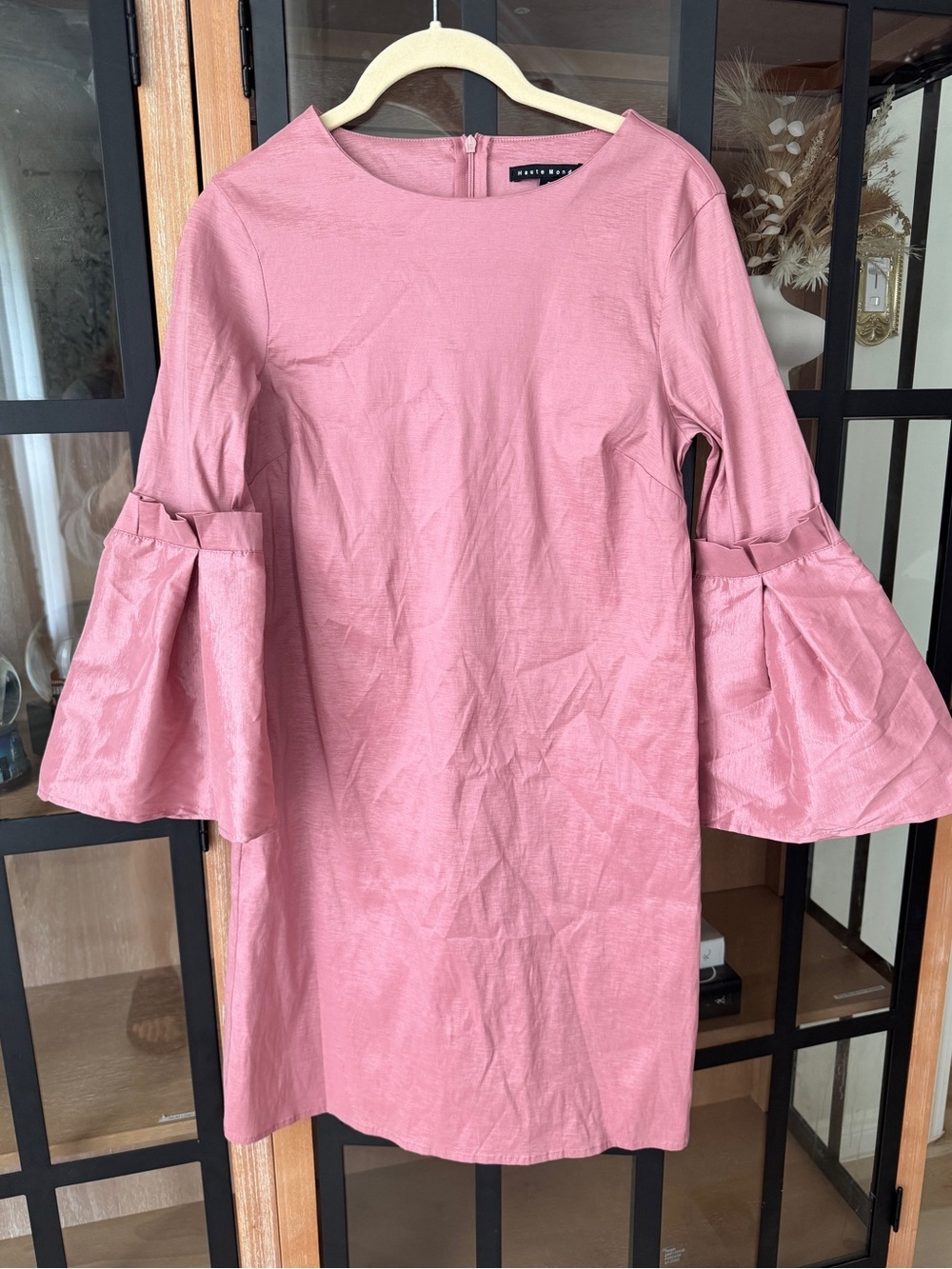 Mini dress bell long sleeve satin textured rose dusty shower ruffle statement
